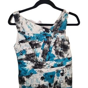 Suzi Chin Turquoise White Black Abstract Dress Asymmetrical Neck‎ Sz 8P 8 Petite